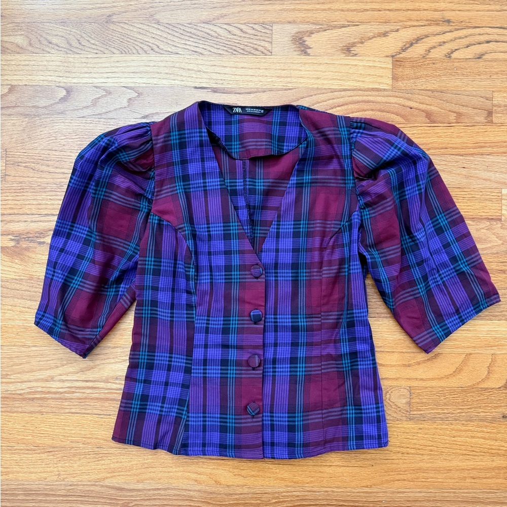 Zara Burgundy and Blue Plaid Blouse